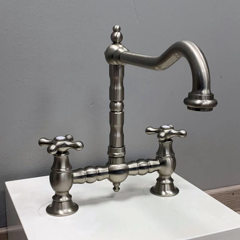 PB Nostalgická kuchyňská baterie s hranatým výtokem a hvězdicovými kohoutky, nerezová ocel PBN.RVS.H.ST