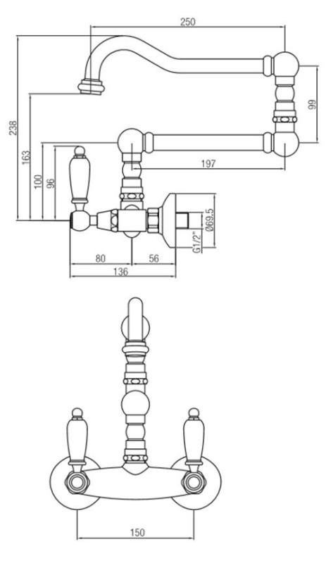 PB klasický kohoutek Nástěnná baterie Bílé rukojeti Extra dlouhý otočný výtok Nerezová ocel 1208854252