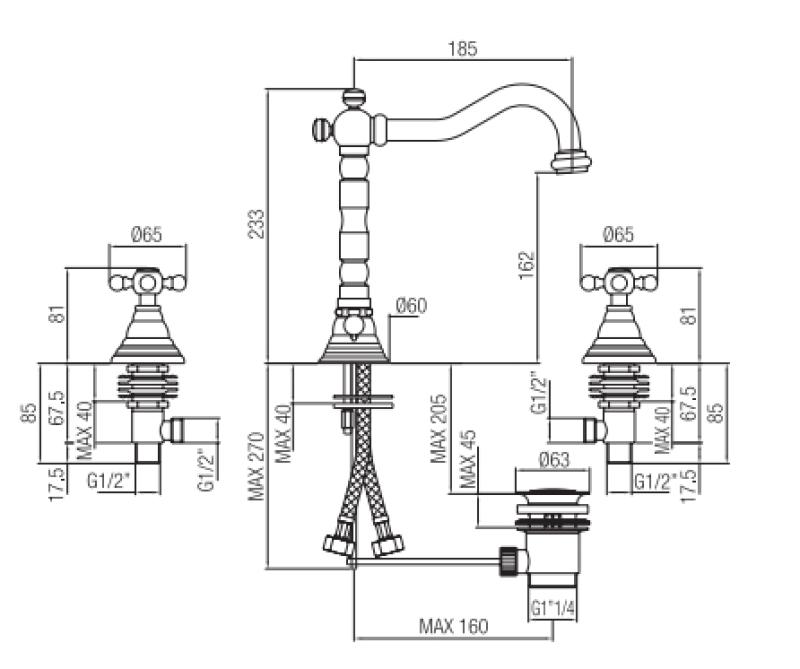 PB klasická 3-otvorová umyvadlová baterie s hvězdicovými kohoutky a výtokem 18,5 cm Bronz 1208854942