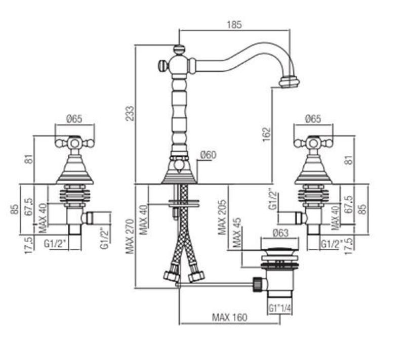 PB klasická 3-otvorová umyvadlová baterie hvězdicové knoflíky výtok 18,5 cm nerez 1208854952
