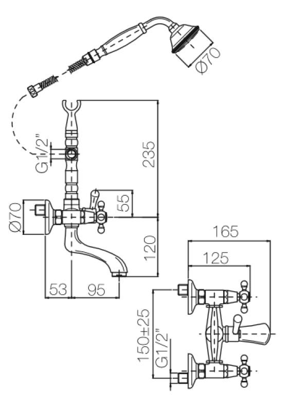 PB klasická baterie, povrchová montáž, s chromovými kohoutky, včetně ruční sprchy 1208855152