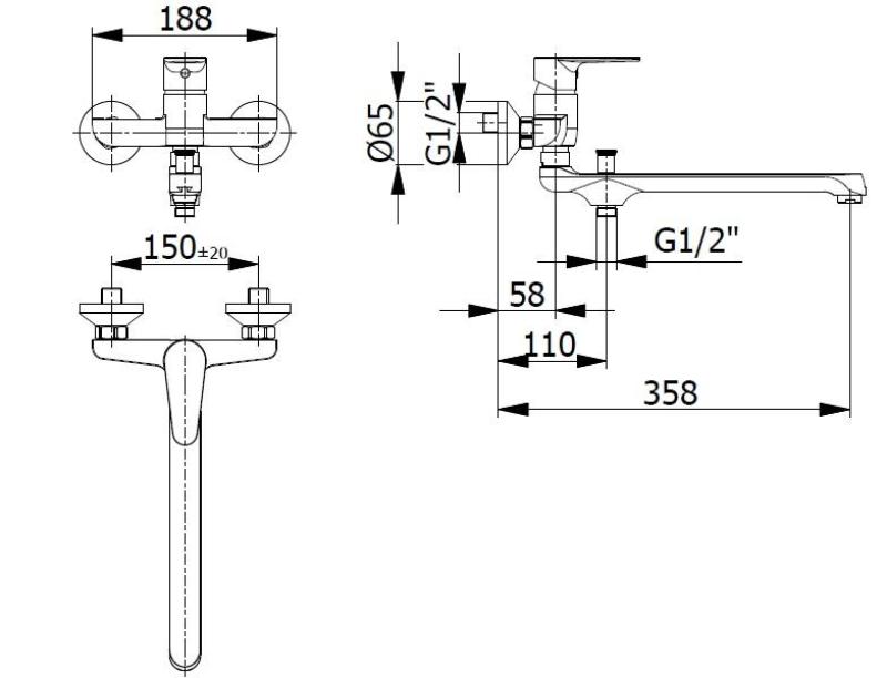 Blusani speciální nástěnná baterie chrom s dlouhým výtokem 35 cm a ruční sprchou 1208952919