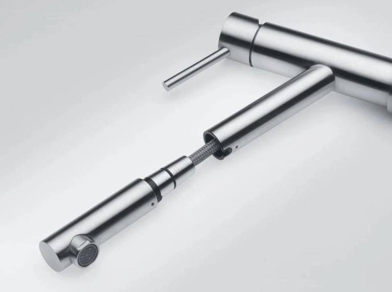 Franke Orbit masivní nerezová nízká kuchyňská baterie s výsuvnou výtokovou trubicí inox 115.0569.461