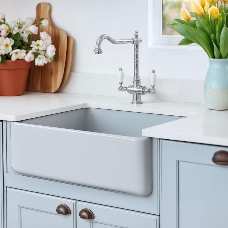 PB Nostalgická klasická venkovská kuchyňská baterie chrom s bílými rukojeťmi 1208953911