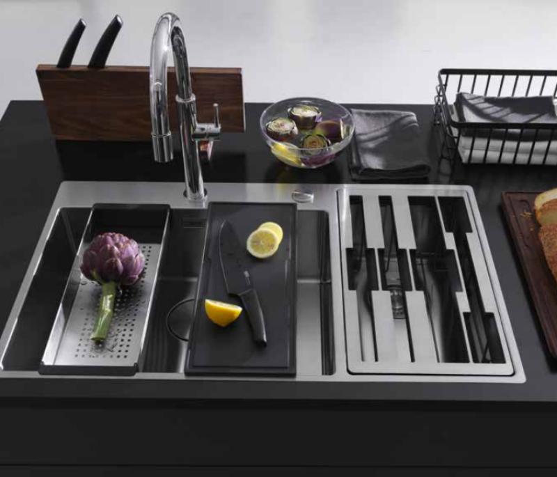 Franke Box Center BWX220-54-27 nerezový dřez vlevo s prkénkem, sadou nožů a drátěným košem 86x51cm 127.0587.643