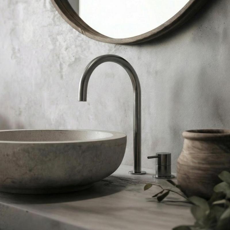 Waterevolution Flow 2otvorová umyvadlová baterie PVD Gun Metal s vysokým U 200 mm výtokem T1122UGME