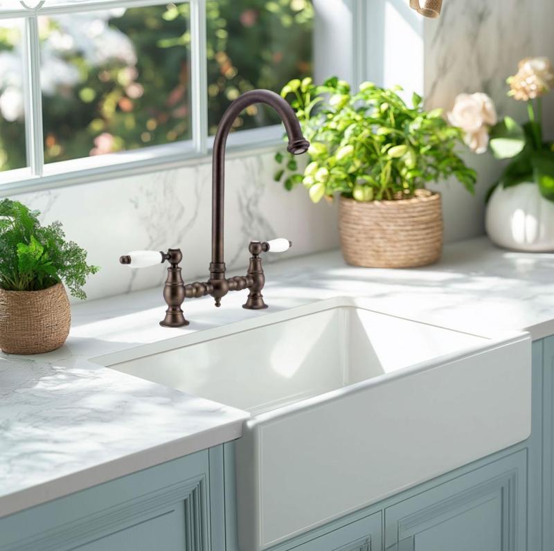 PB Nostalgická kuchyňská baterie s tmavě bronzovým obloukem a bílými rukojeťmi 1208954665