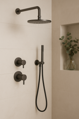 Waterevolution Flow vestavěná sprchová sada s termostatem, dešťovou sprchou a ruční sprchou, gun metal