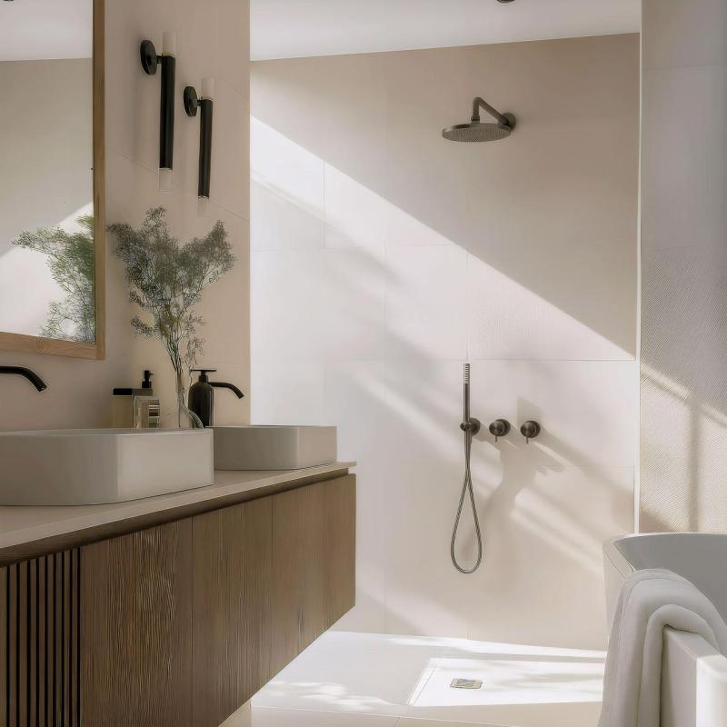 Waterevolution Flow vestavěná sprchová sada s termostatem, dešťovou sprchou a ruční sprchou, gun metal