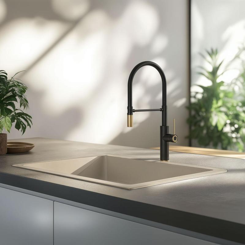 Quadri Retford kuchyňská baterie černá se zlatým povrchem a flexibilním černým výtokem 1208956092.