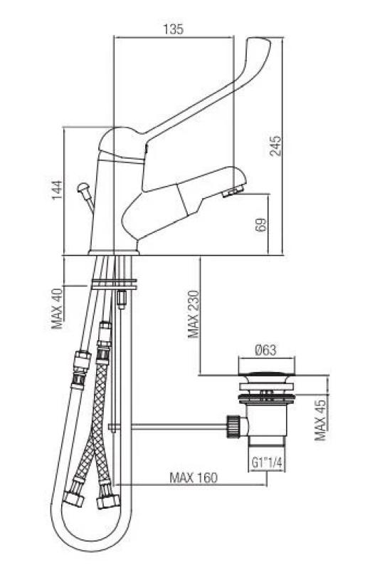 PB Clinic umyvadlová baterie pro tělesně postižené s dlouhou pákou a výsuvným výtokem chrom 1208956272