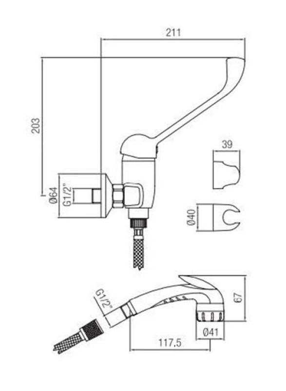 PB Clinic sprchová baterie pro tělesně postižené s dlouhou pákou chrom s ruční sprchou 1208956283