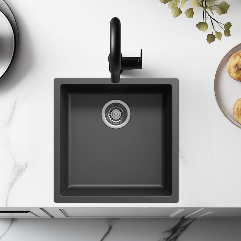 Černý dřez 40x40cm pro spodní montáž, horní montáž a plochou montáž s nerezovou zátkou 1208956390