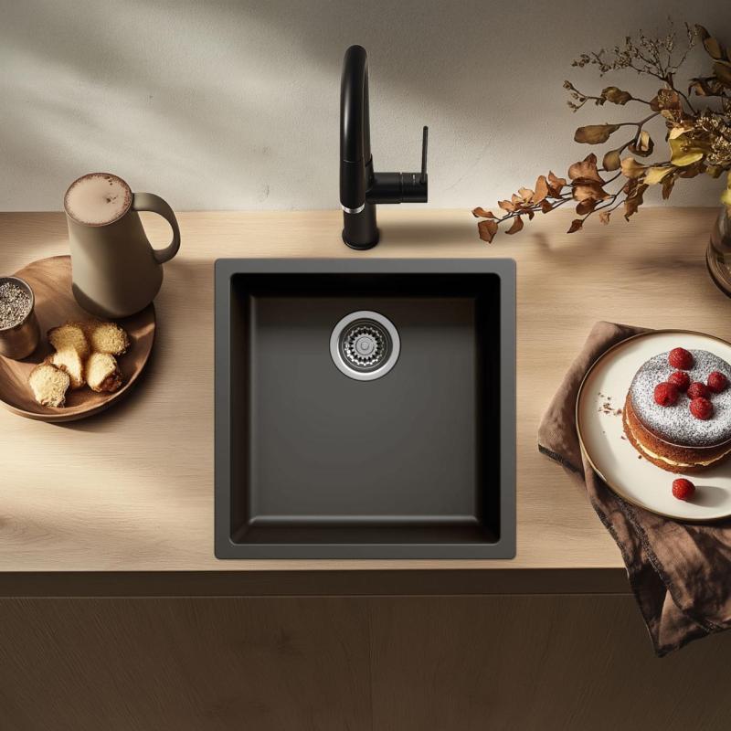 Černý dřez 40x40cm pro spodní montáž, horní montáž a plochou montáž s nerezovou zátkou 1208956390