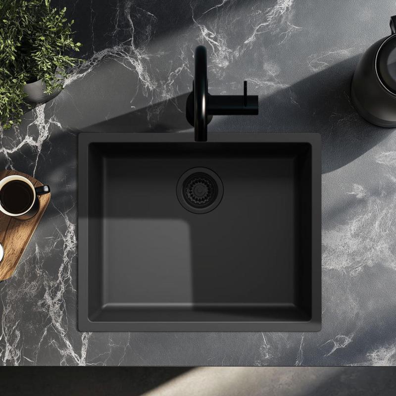 Černý dřez 50x40cm pro podstavbu, vestavbu a plochou montáž s černou zátkou 1208956396