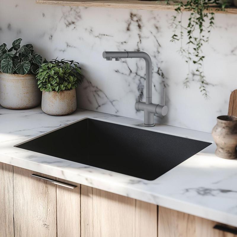 Černý dřez 50x40cm pro podstavbu, vestavbu a plochou montáž s černou zátkou 1208956396