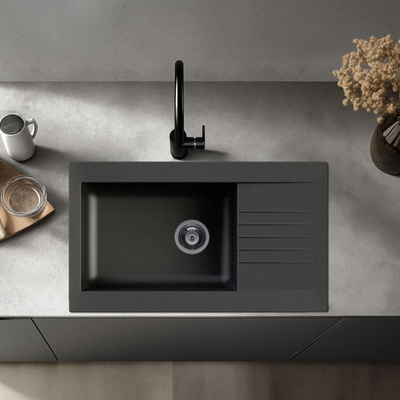 Ausmann Fibre velký černý plastový dřez, oboustranný s odkapávačem, montáž na desku, 86x50 cm, 1208956779
