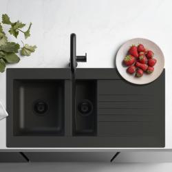 Ausmann Fibre 1,5 černý plastový dřez oboustranný s odkapávačem na pracovní desku 100x50 cm s černou zátkou 1208956784