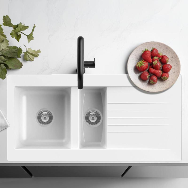 Ausmann Fibre 1,5 bílý plastový dřez, oboustranný s odkapávačem, montáž na pracovní desku, 100x50 cm, 1208956786