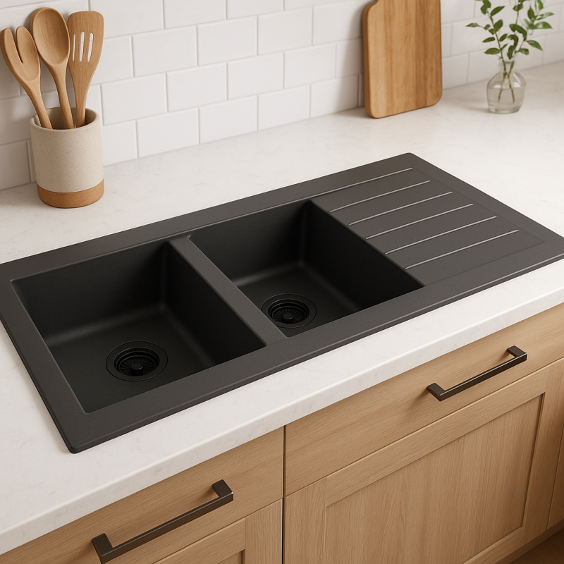 Ausmann Fibre dvojitý černý plastový dřez, oboustranný s odkapávačem, montáž na pracovní desku, 116x50 cm, s černou zátkou 1208956790