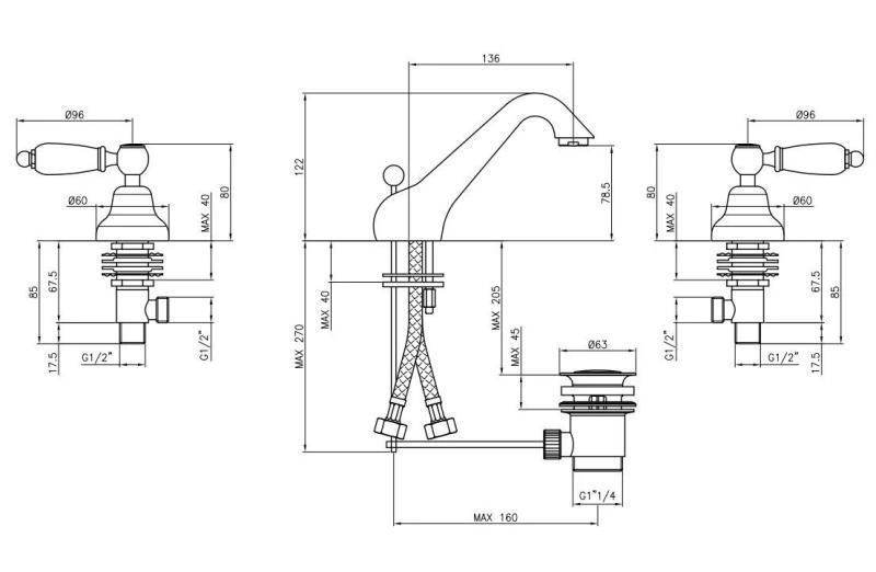 PB klasický kohoutek 3-otvorová nízká umyvadlová baterie Bílé páčky Chrom 1208956906