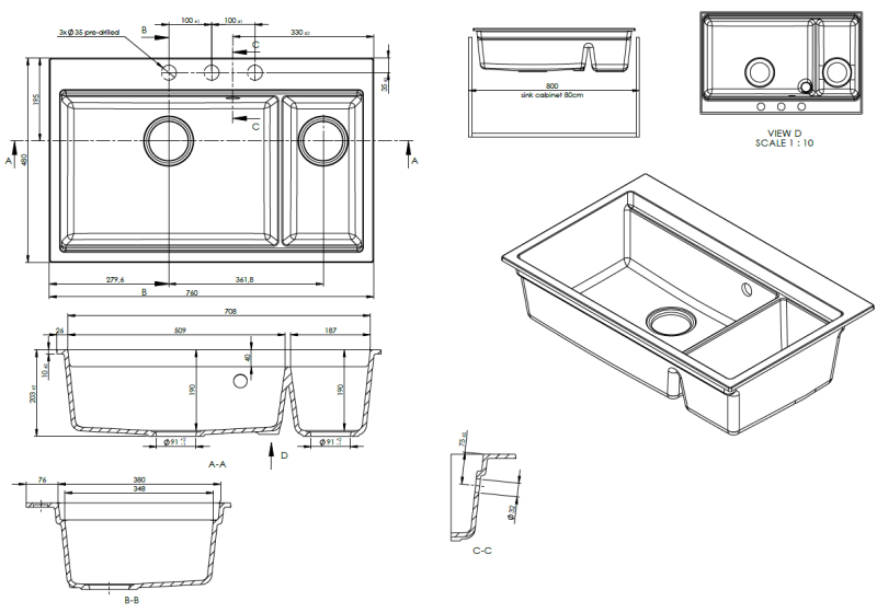 GraniteMy Limited velký 1,5 granitový dřez na pracovní desku a pod pracovní desku černý včetně příslušenství 76x48 cm 1208957389