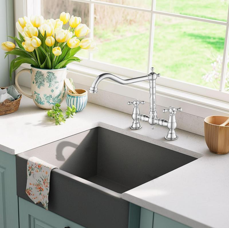 AquaTrimo Windsor 2-otvorová klasická kuchyňská nostalgická můstková kuchyňská baterie s kolenním výtokem chrom 21WS7653CM