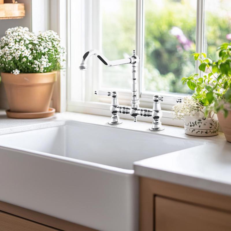 AquaTrimo Country 2-otvorová klasická kuchyňská nostalgická mostová kuchyňská baterie s úhlovým výtokem chrom 21CT7657CM