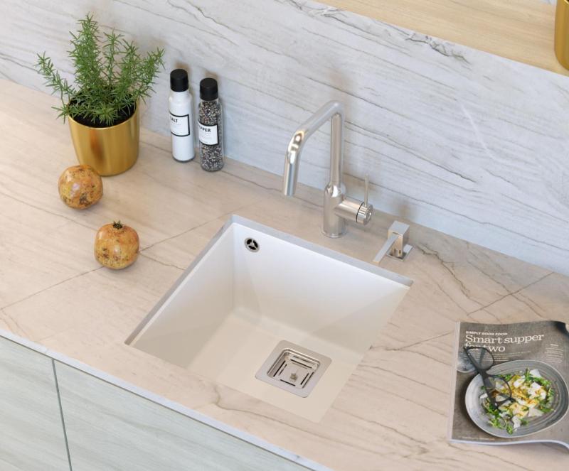 Quadri Quadrangle bílý žulový podmontážní dřez 42x42 cm s nerezovou zátkou 1208957886