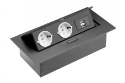 Prodlužovací kabel pro stolní počítače, 2x zásuvka Schuko, 2x USB, bez kabelu, černý 1208958686