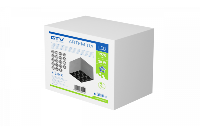 Deco LED svítidlo ARTEMIDA 20W 1920lm AC220-240V 50/60 Hz PF>0,9 Ra≥80 IP20 IK08 4000K 38° čtvercové černé. 1208962642