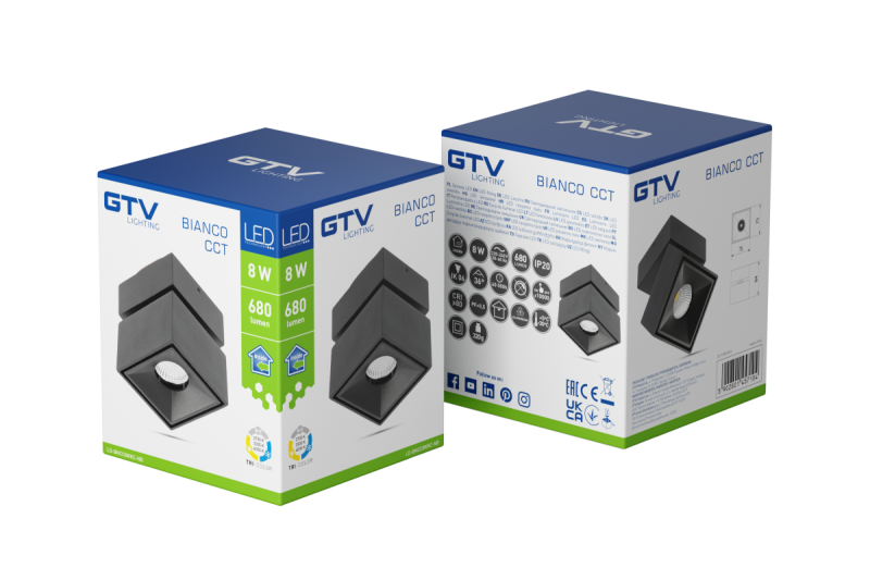 Dekorativní LED svítidlo BIANCO CCT 8W 680lm AC220-240V 50/60 Hz Ra≥80 IP20 36° 2700/3300/4000K čtvercové černé. 1208962676