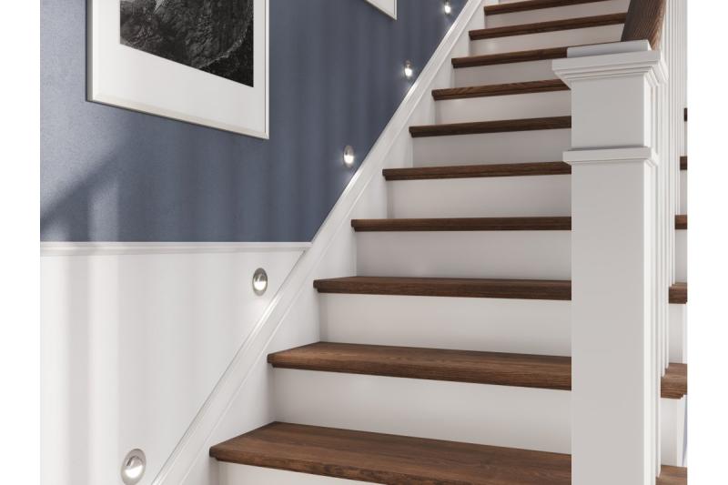 Dekorativní LED schodišťové svítidlo ESCADA OA DC12V s kulatým průhledným krytem, 0,8 W, 70 lm, 4000 K, nerezová ocel, kabel 150 cm