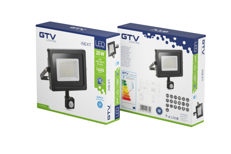 LED reflektor iNEXT s pohybovým senzorem 20 W 1600 lm, PF>0,9, RA>80, IP65, 120°, 6400 K, černé tělo 1208962859