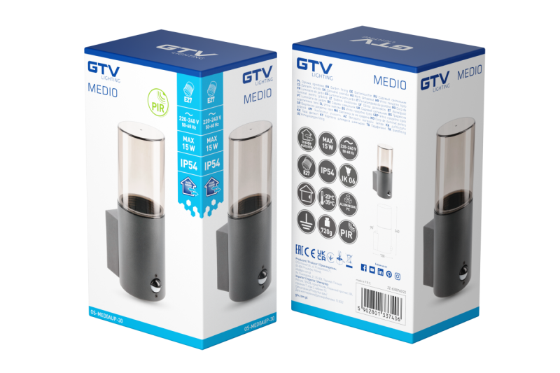 Dekorativní zahradní svítidlo MEDIO-AU PIR E27 MAX.15W IP54 AC220-240V 50-60Hz nástěnná lampa horní grafit. 1208963938