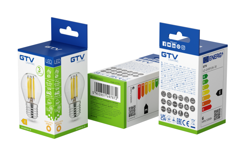 ZDROJ SVĚTLA LED, VLÁKNO, A-G, G45, 2700K, E27, 5,8W, AC220-240V, 360°, 640lm, 50mA 1208966966