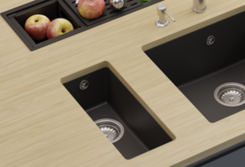 GraniteMy Universele granieten kleine zwarte spoelbak 17x40 cm zwart opbouw onderbouw en vlakbouw met rvs plug 1208967105