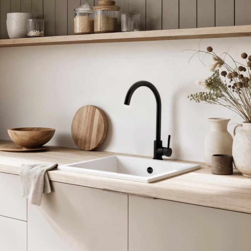 GraniteMy Universele granieten witte spoelbak 34x40 cm bílá, montáž na desku, poddeska a rovná montáž s nerezovou zátkou 1208967107