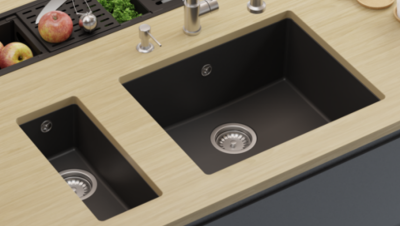GraniteMy Universele granieten zwarte spoelbak 55x40 cm černá, montáž na desku, pod montáž a rovná montáž s nerezovou zátkou 1208967108