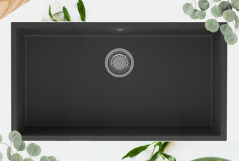 GraniteMy Universal velký černý žulový dřez 74x40 cm černý, montáž na desku, pod pracovní desku a do roviny s pracovní deskou s nerezovou zátkou 1208967110