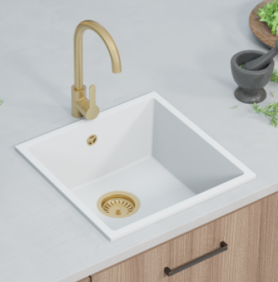 GraniteMy Universele granieten witte spoelbak 40x40 cm bílá montáž na desku pod desku a do roviny se zlatou zátkou 1208967127