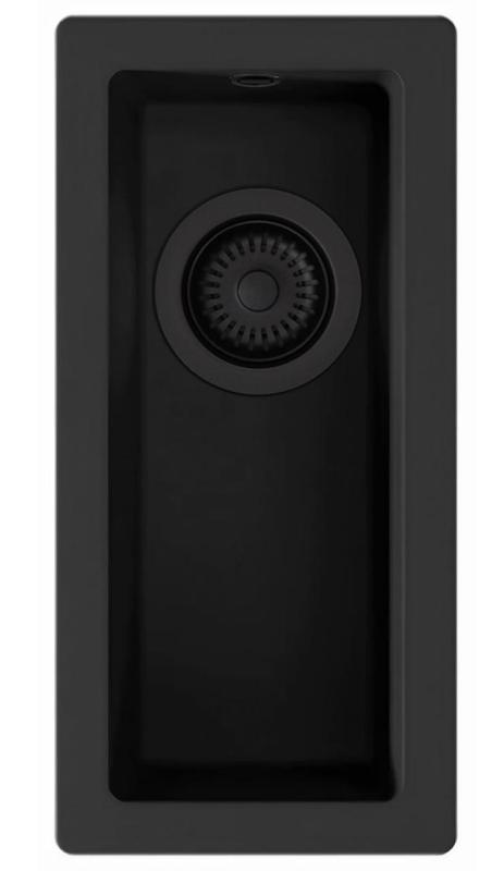 GraniteMy Universal malý černý granitový dřez 17x40 cm černý povrchový, spodní a plochý montáž s černou zátkou 1208967140