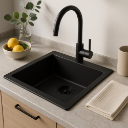 GraniteMy Universele granieten zwarte spoelbak 34x40 cm zwart, opbouw, onderbouw en vlakbouw met zwarte plug 1208967143