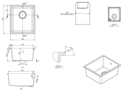 GraniteMy Universal univerzální bílý žulový dřez 34x40 cm bílý, instalace na desku, pod desku i do roviny s bílou zátkou 1208967146