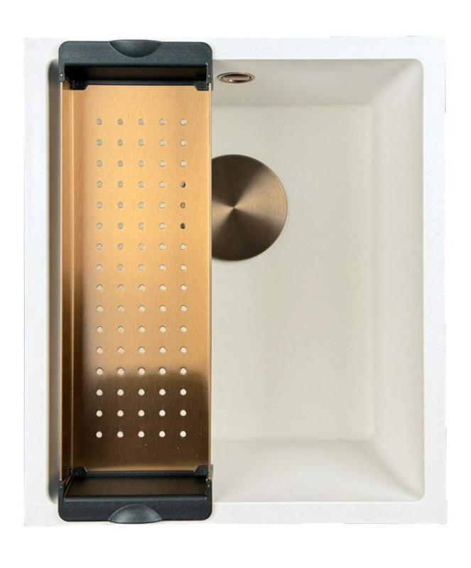 GraniteMy Universal granitový bílý dřez 34x40 cm bílý pro montáž na desku, pod pracovní desku a do roviny s měděnou zátkou 1208967148