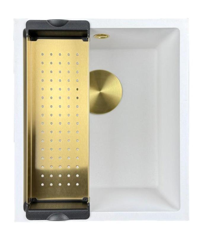 GraniteMy Universele granieten witte spoelbak 34x40 cm bílá pro horní, spodní a plochou montáž se zlatou zátkou 1208967149