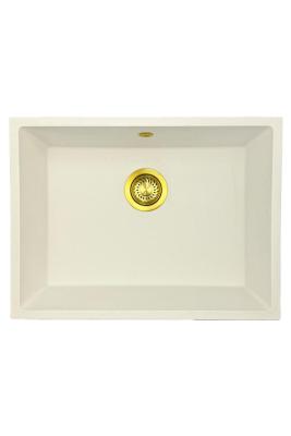 GraniteMy Universele granieten witte gootsteen 55x40 cm wit opbouw onderbouw en vlakbouw met gouden stop 1208967155