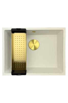 GraniteMy Universele granieten witte gootsteen 55x40 cm wit opbouw onderbouw en vlakbouw met gouden stop 1208967155