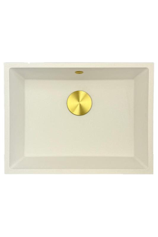 GraniteMy Universele granieten witte gootsteen 55x40 cm wit opbouw onderbouw en vlakbouw met gouden stop 1208967155