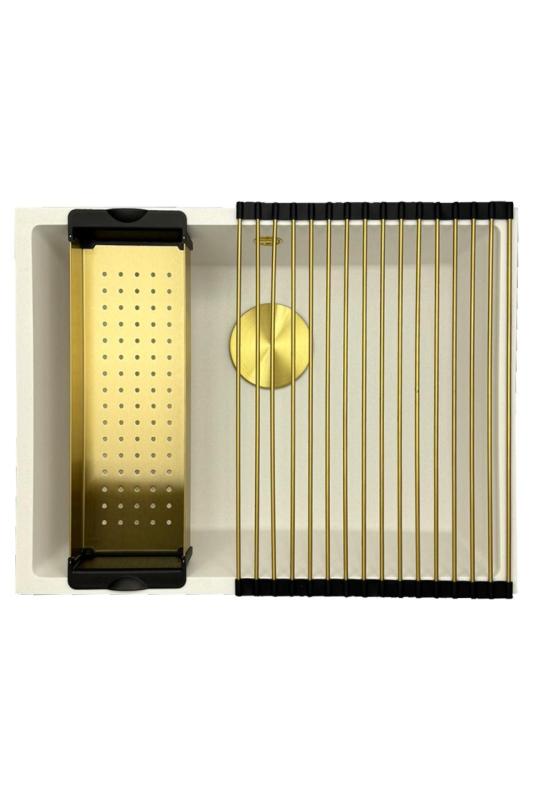 GraniteMy Universele granieten witte gootsteen 55x40 cm wit opbouw onderbouw en vlakbouw met gouden stop 1208967155